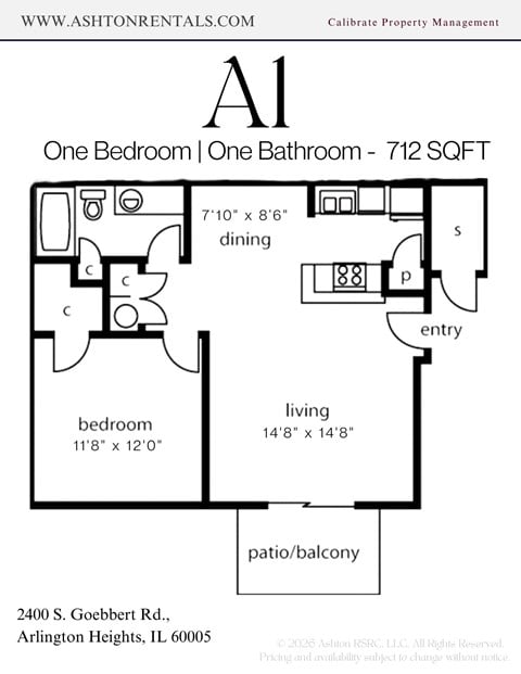 Floor plan for 1 bed, 1 bath, 712 sqft